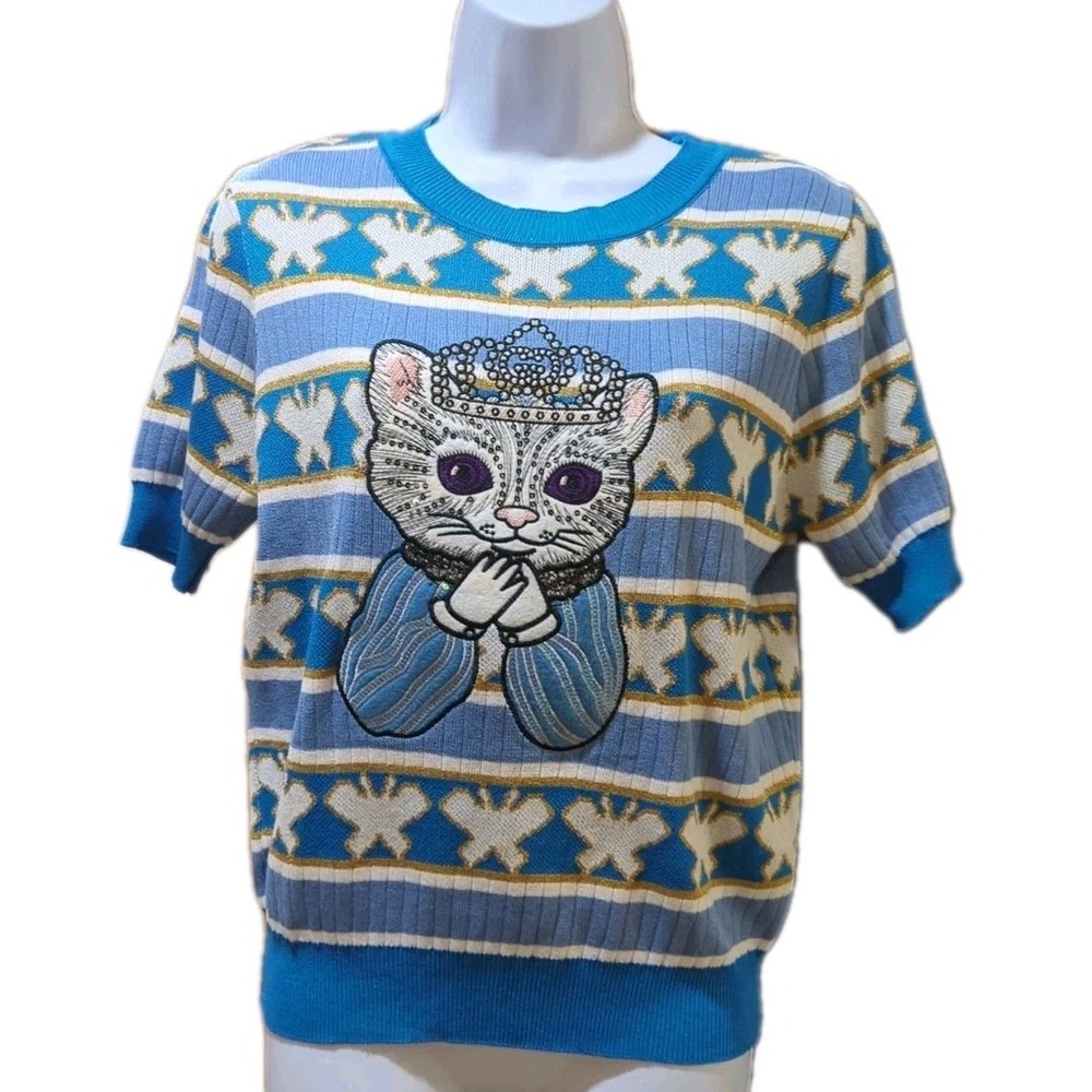JJ's Fairyland Embroidery Cat Sequin Striped Butterfly Knitted‎ Thin Sweater SM